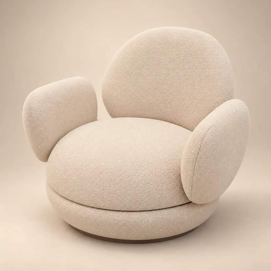 Sillón bouclé crema sobre fondo beige.webp