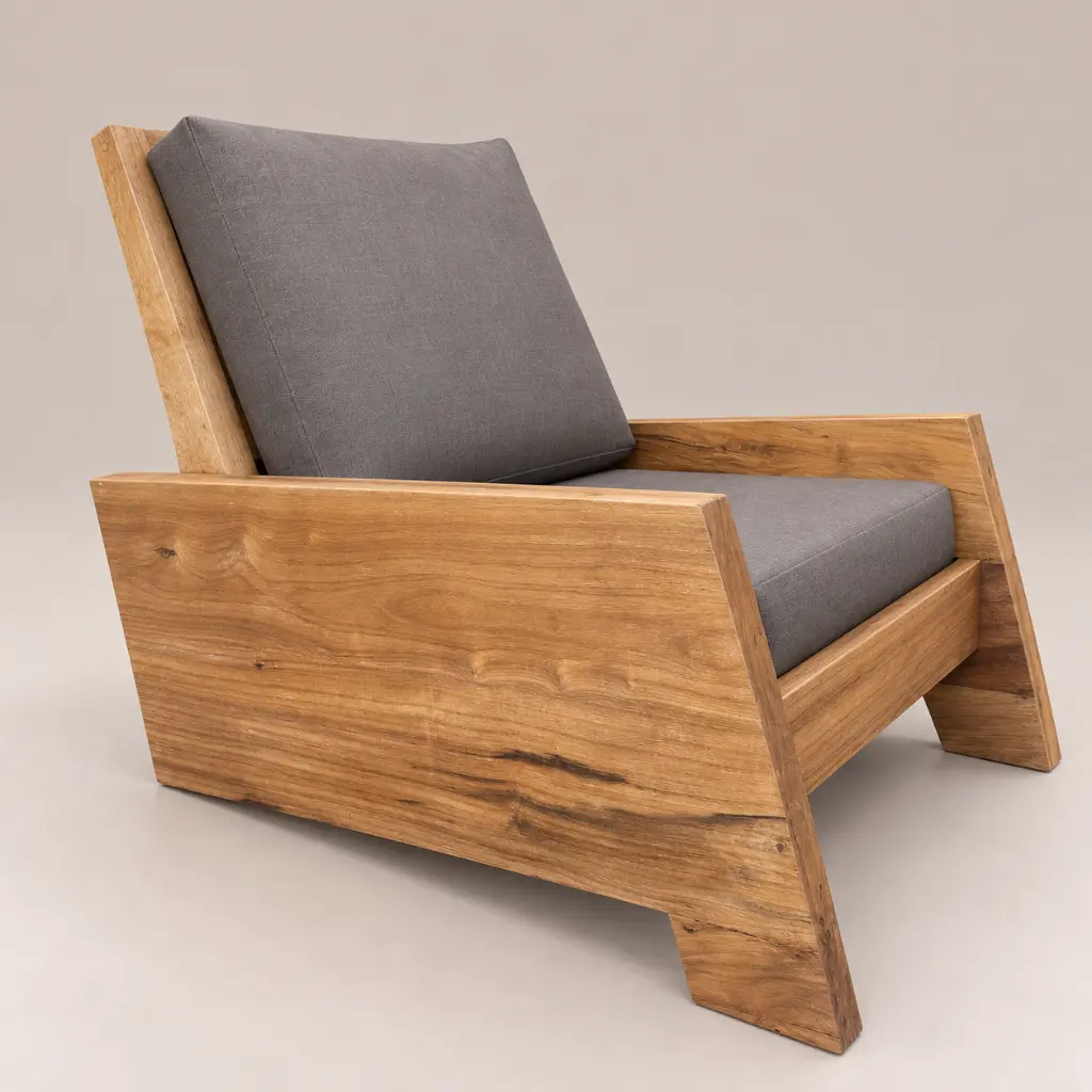 Sillón de madera y tela gris.webp