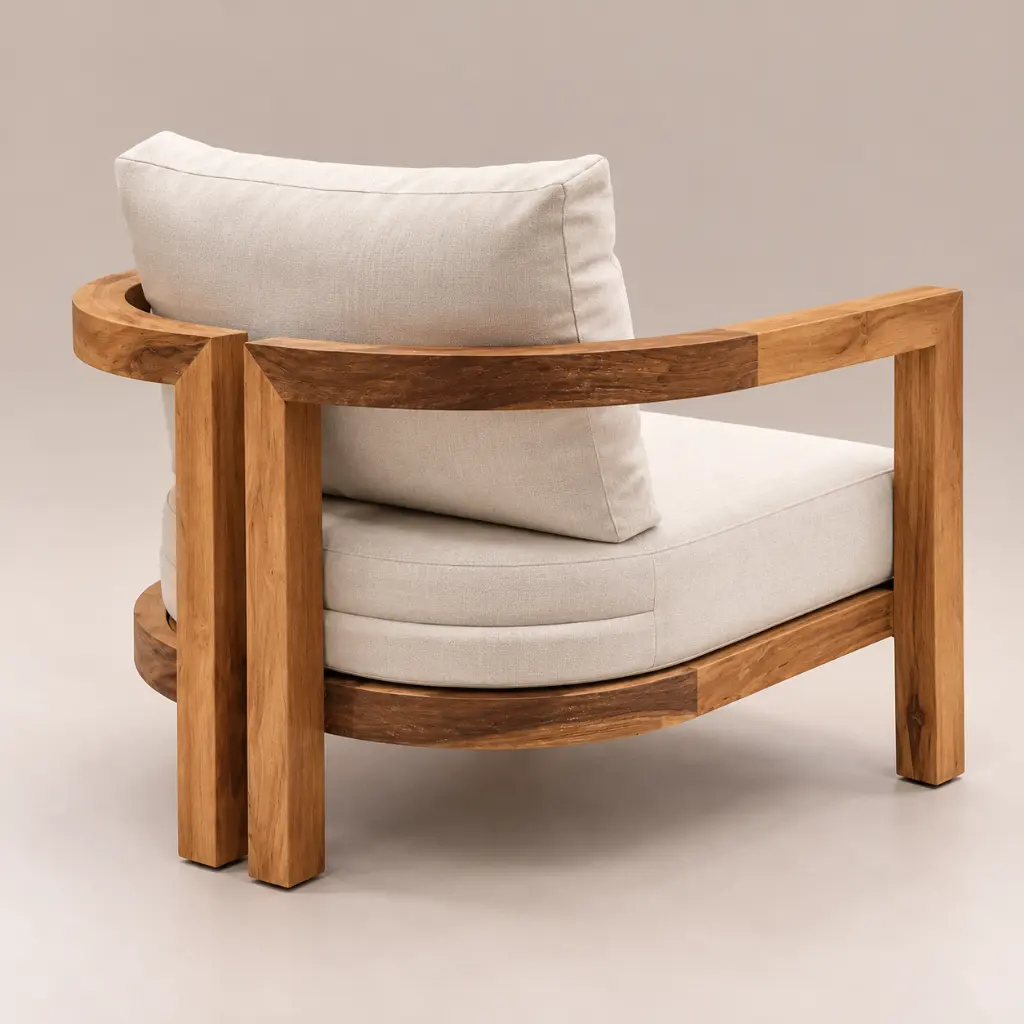 Sillón moderno de madera y lino.webp