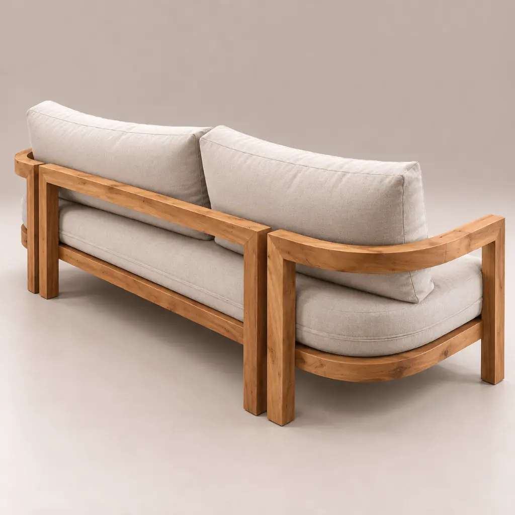 Sofá de teca con cojines beige.webp