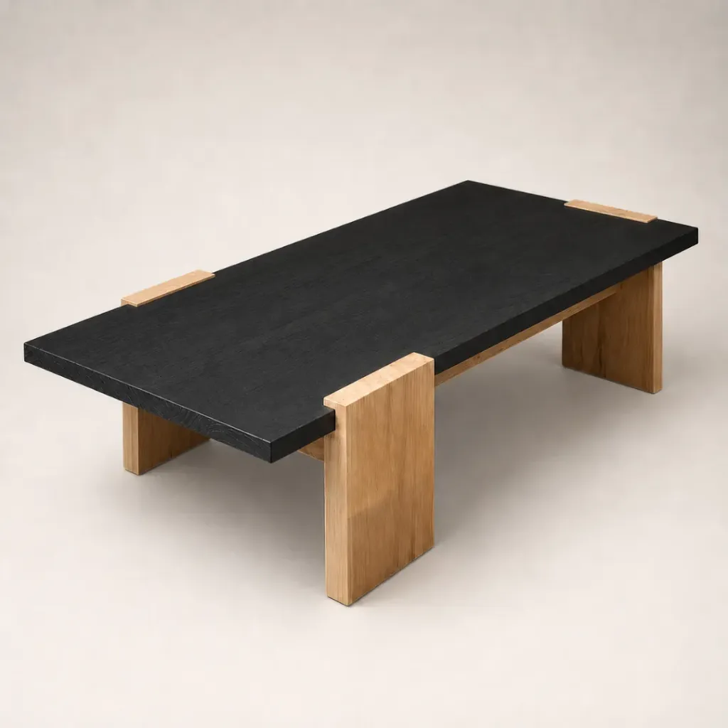 Mesa Ratona Lucca 150x50xh47 Tapa Madera Negra Texturada - Pata Madera Natural