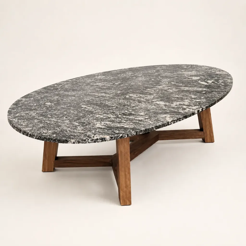 Mesa Ratona Oval 180x100xh45 Laurel - Tapa Granito Negro Boreal Leather