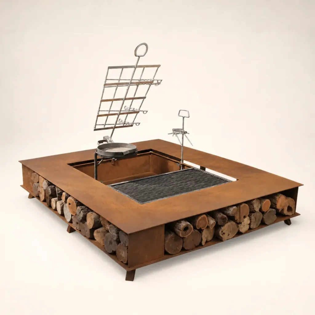 Brasero Firepit 150 x 170 Chapa Oxido - con Estaca/Parrilla/Plancha/Pinchos