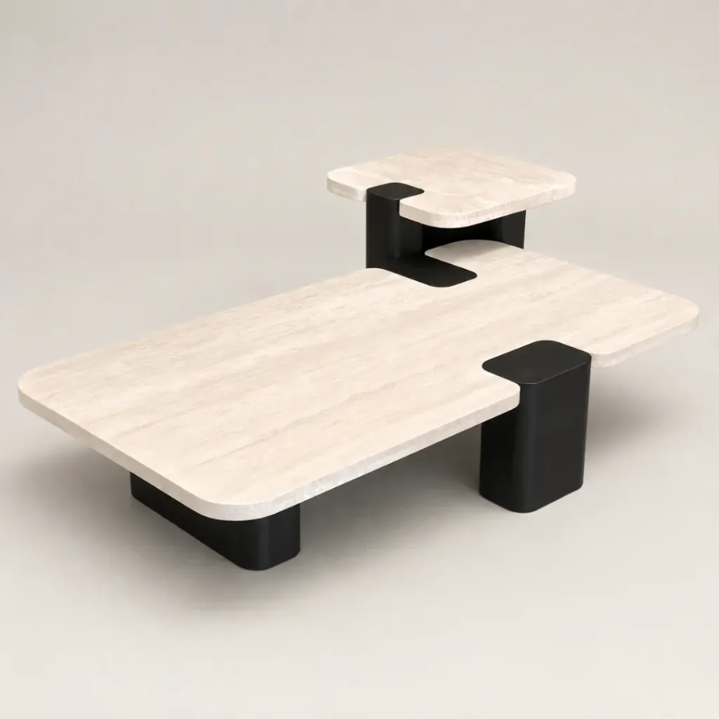 Set Mesa Ratona Morris 140x75xh30 + 50x50xh45 Travertino y Madera Negra