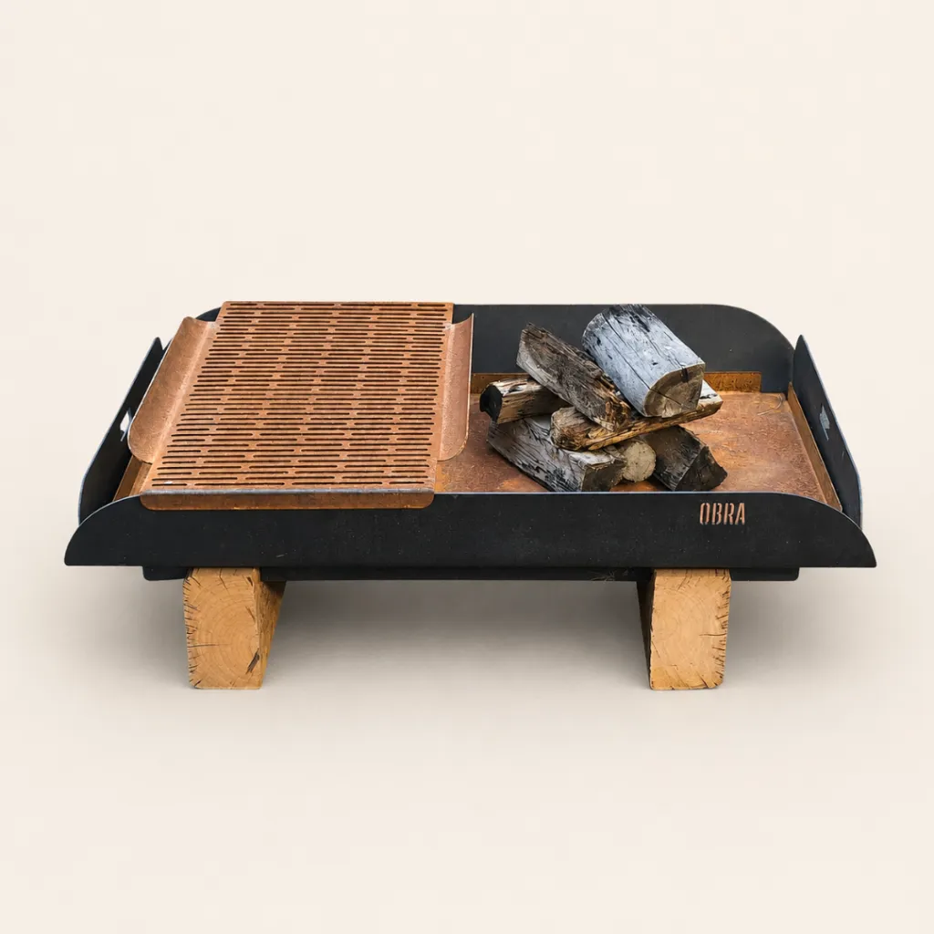 Brasero Firepit Porto Metal 120 x 80 x 40 cm Natural con Parrilla y Bandeja de Fuego
